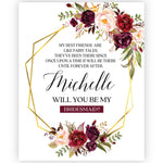 Burgundy Bouquet Will you be my Bridesmaid Wine Bottle Label - XOXOKristen