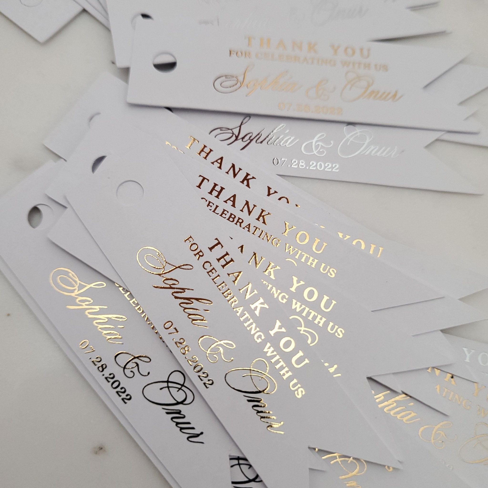 Custom Gold Foiled Thank you for celebrating with us Tags - XOXOKristen