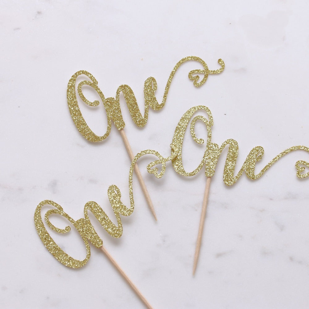 first birthday gold party picks with heart