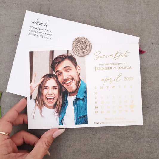 Gold Foiled Save the Date Card with Photo and Calendar - XOXOKristen