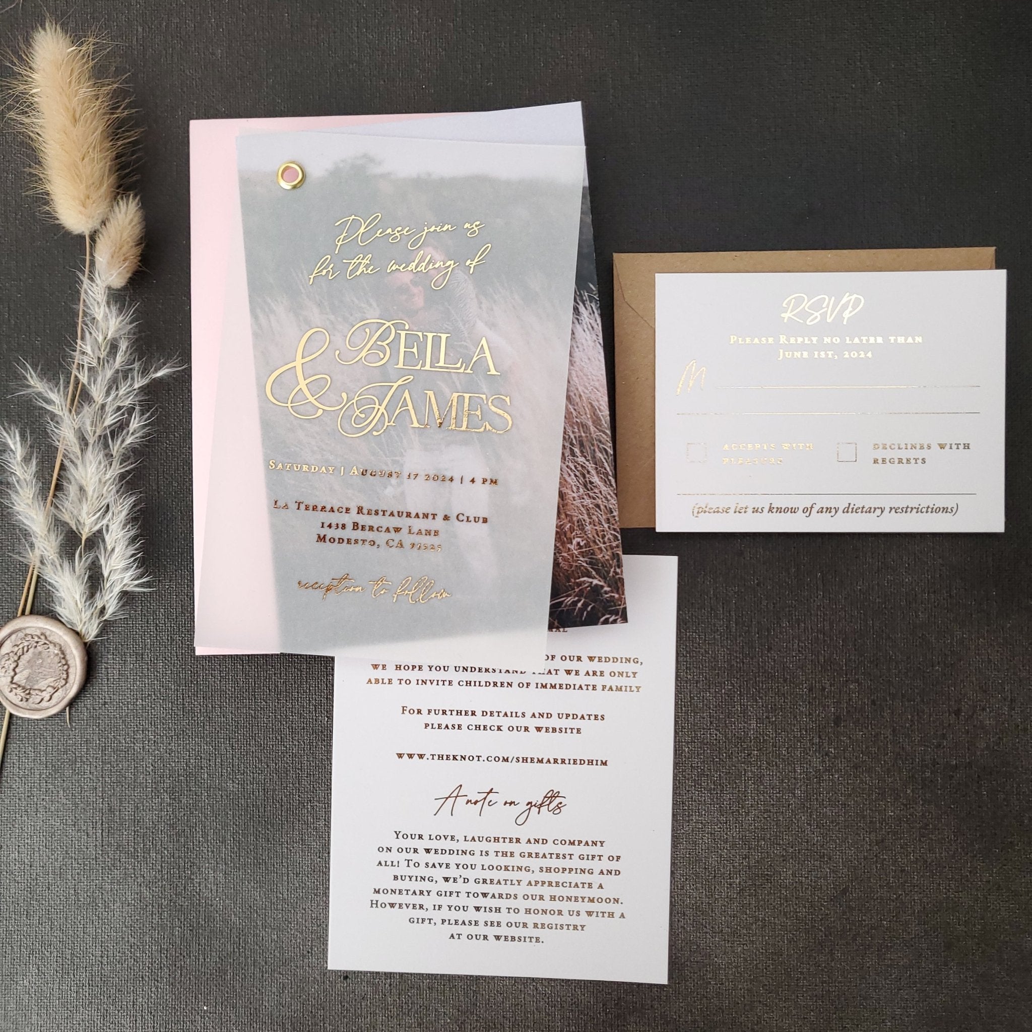 Gold Foiled Vellum Wedding Invitations with RSVP Cards - XOXOKristen
