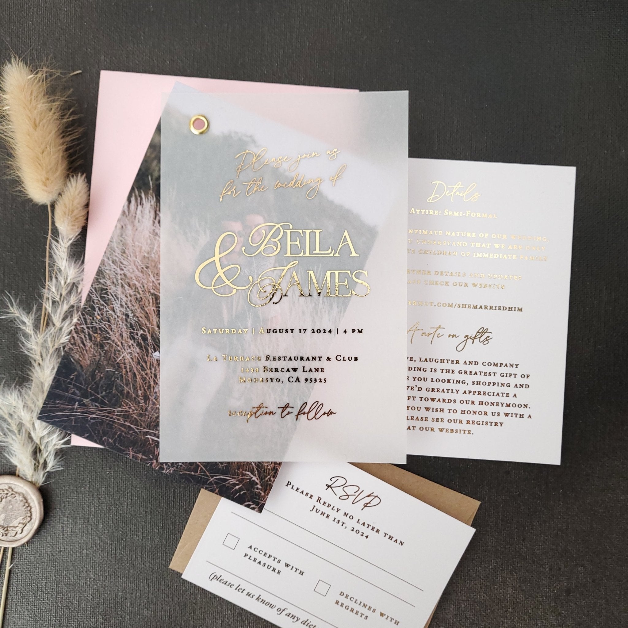 Gold Foiled Vellum Wedding Invitations with RSVP Cards - XOXOKristen