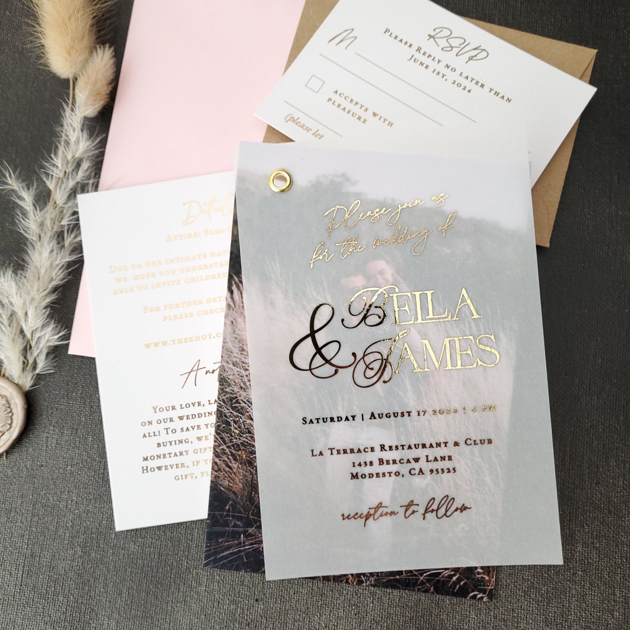 Gold Foiled Vellum Wedding Invitations with RSVP Cards - XOXOKristen