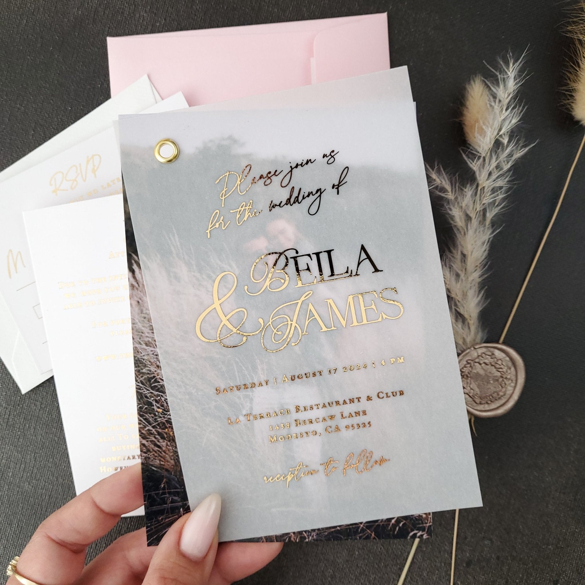 Gold Foiled Vellum Wedding Invitations with RSVP Cards - XOXOKristen