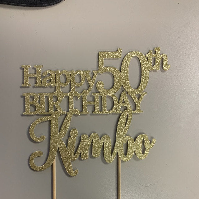 Personalized Happy 50th birthday cake topper. Gold glitter cake decoration - XOXOKristen