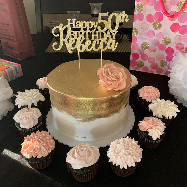 Personalized Happy 50th birthday cake topper. Gold glitter cake decoration - XOXOKristen