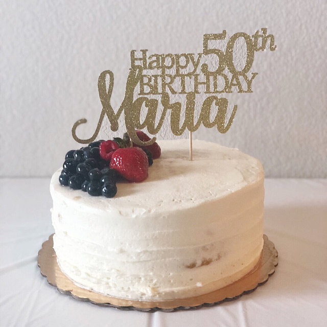 Personalized Happy 50th birthday cake topper. Gold glitter cake decoration - XOXOKristen