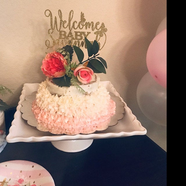 Personalized baby shower Welcome baby cake topper with butterflies. Gold glittered cake decoration for baby shower, baptism or christening – XOXOKristen.   