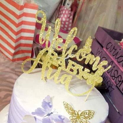 Personalized baby shower Welcome baby cake topper with butterflies. Gold glittered cake decoration for baby shower, baptism or christening – XOXOKristen.   
