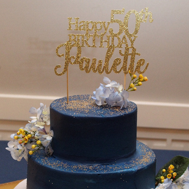 Personalized Happy 50th birthday cake topper. Gold glitter cake decoration - XOXOKristen