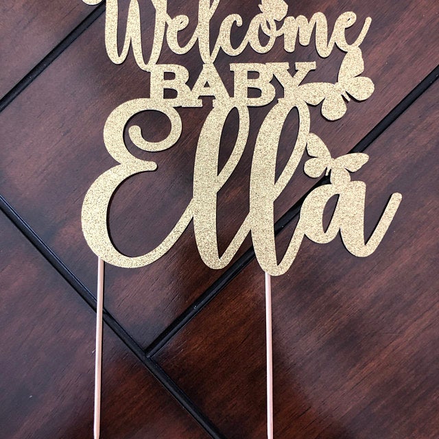 Personalized baby shower Welcome baby cake topper with butterflies. Gold glittered cake decoration for baby shower, baptism or christening – XOXOKristen.   