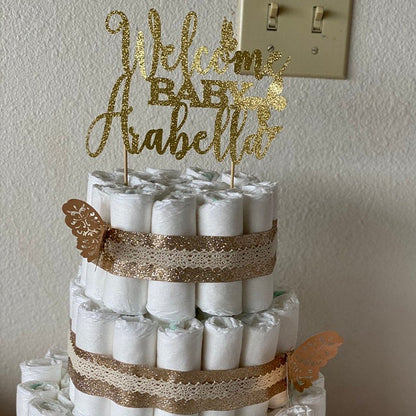 Personalized baby shower Welcome baby cake topper with butterflies. Gold glittered cake decoration for baby shower, baptism or christening – XOXOKristen.   