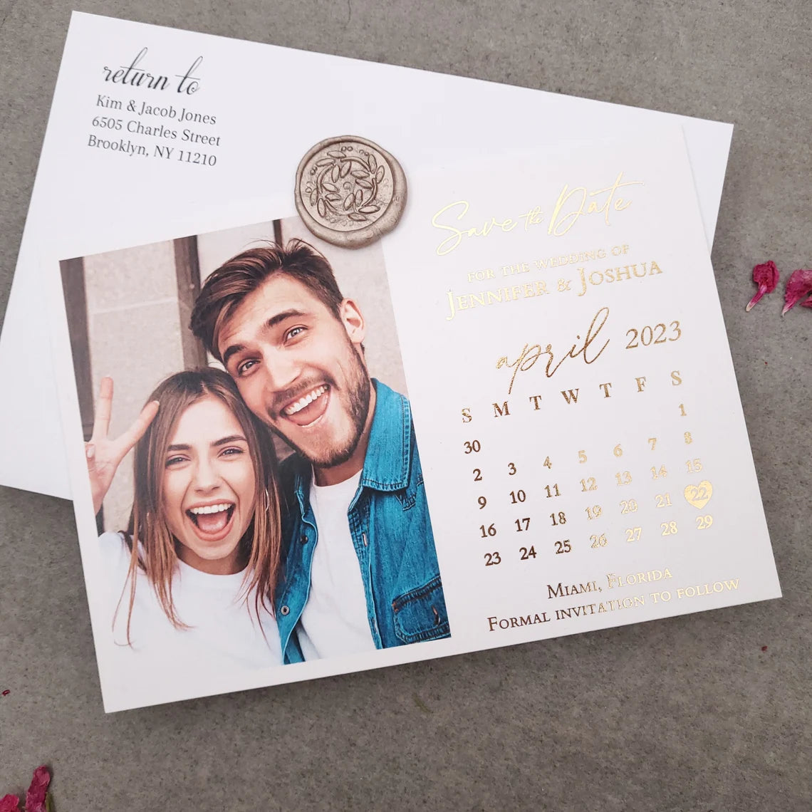 gold foiled photo save the date card with calendar design - XOXOKristen