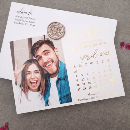 gold foiled photo save the date card with calendar design - XOXOKristen