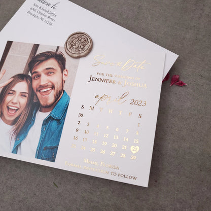 gold foiled photo save the date card with calendar design - XOXOKristen