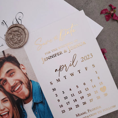 gold foiled photo save the date card with calendar design - XOXOKristen