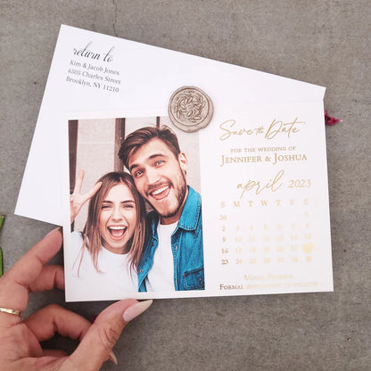 gold foiled photo save the date card with calendar design - XOXOKristen