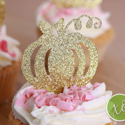Pumpkin cupcake topper gold glitter or silver - birthday decoration - pary decoration