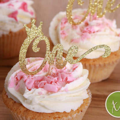 first birthday party decoration - cupcake toppers & picks - gold or silver glitter - one with a crown