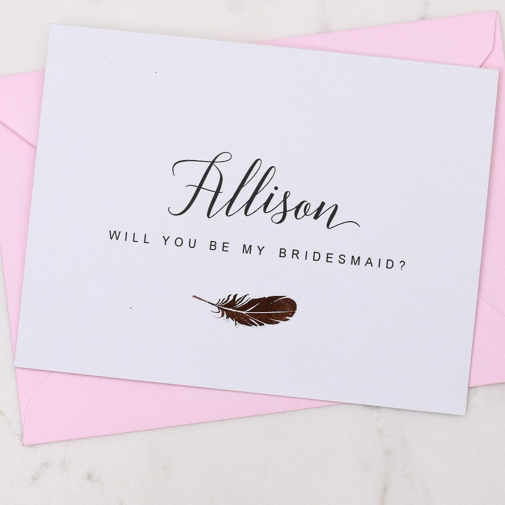 Elegant Foiled Feather Card for Boho Chic bridesmaid proposal XOXOKristen