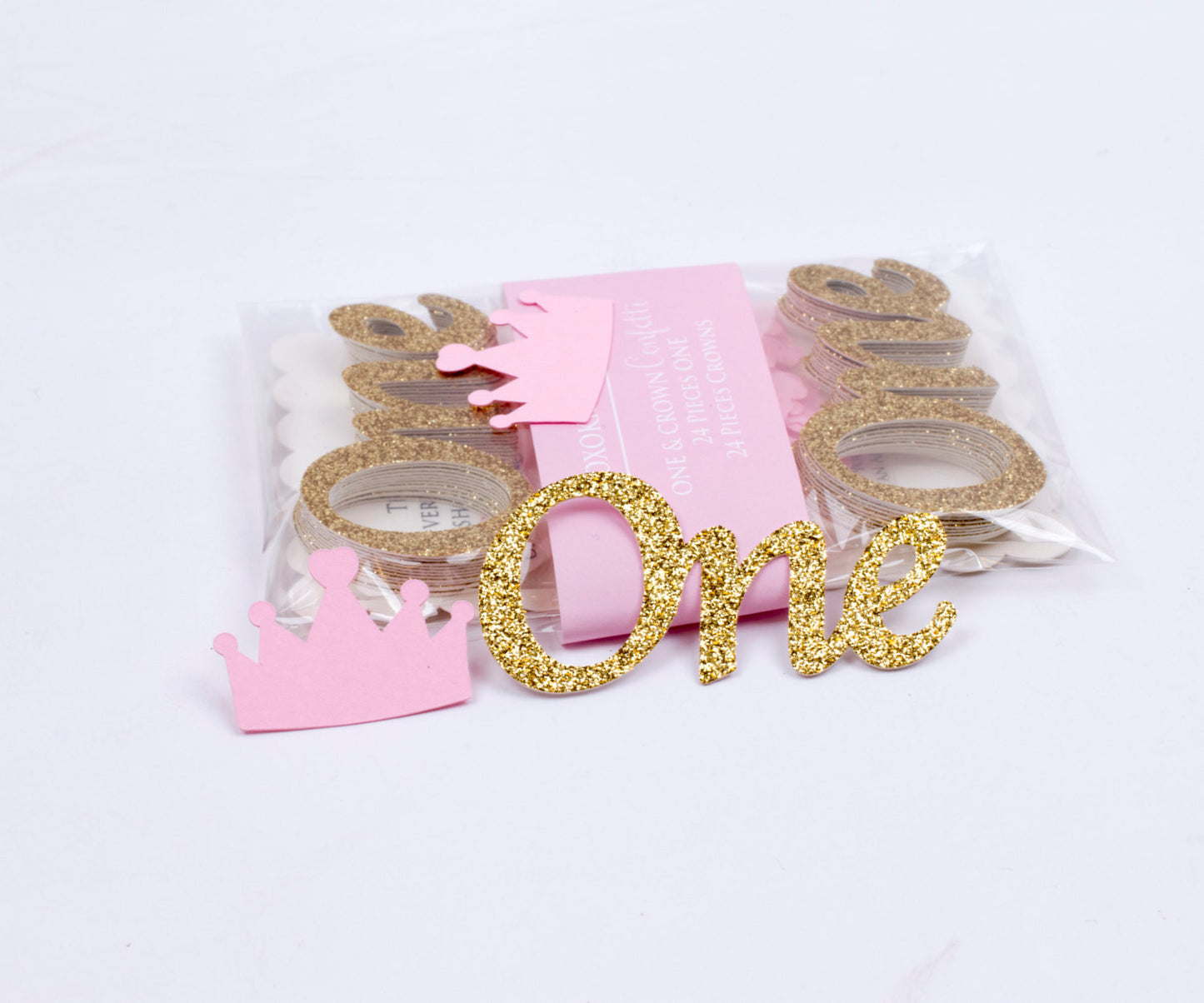 Gold glitter and pink one and crown shaped first birthday party confetti - XOXOKristen
