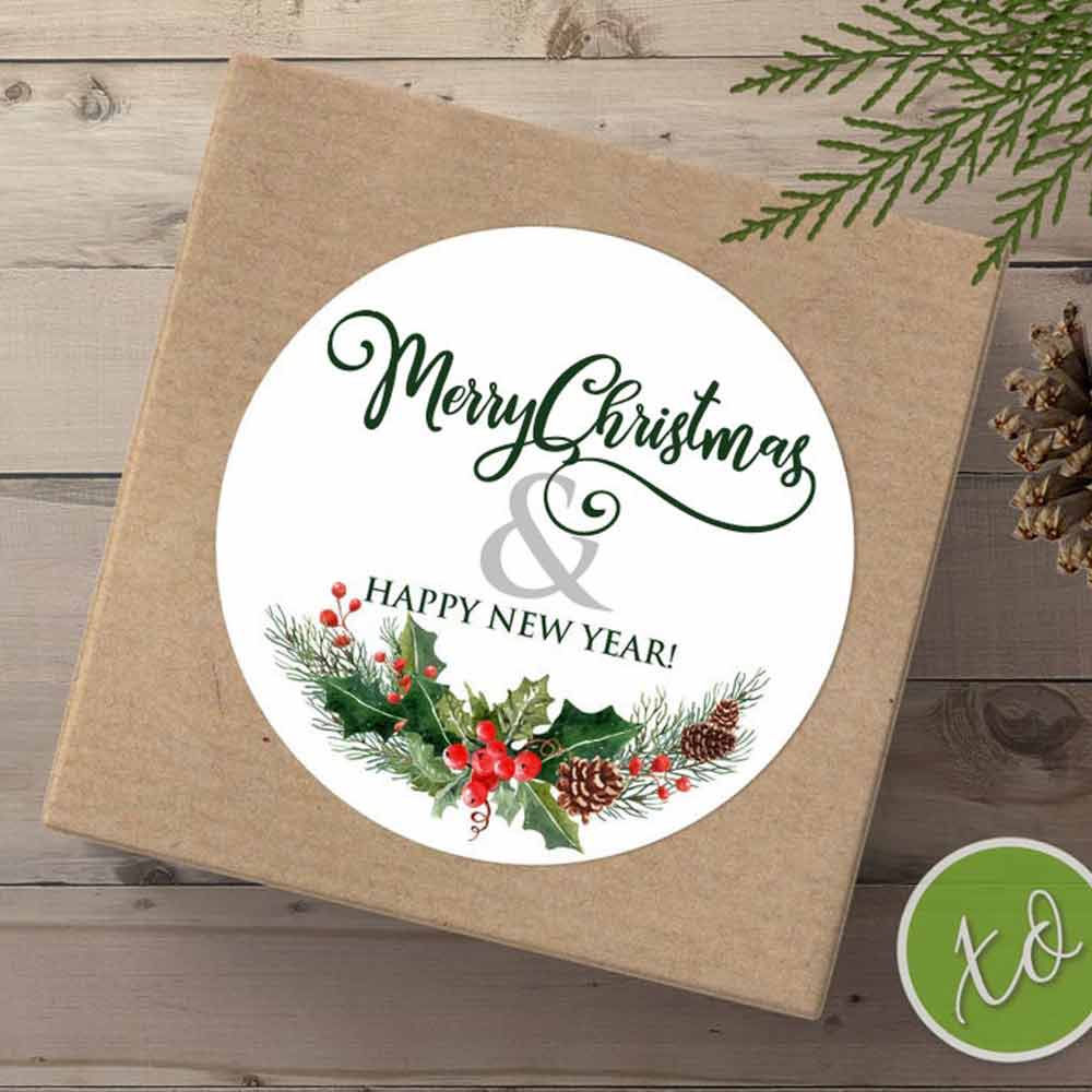 Merry Christmas Sticker with Pine Branch Decoration - XOXOKristen