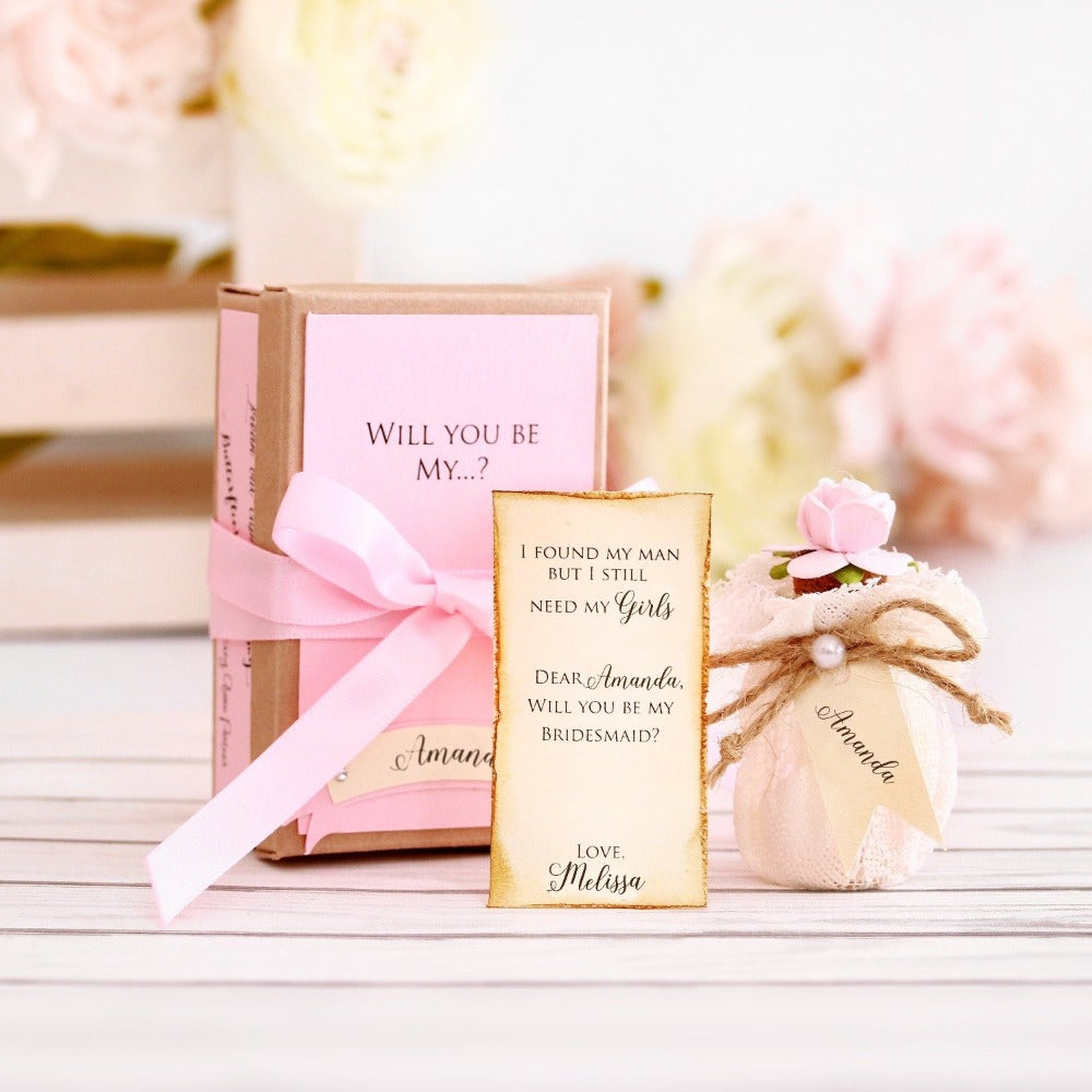 Lace Message in a bottle Bridesmaid Proposal with pink flowers - XOXOKristen