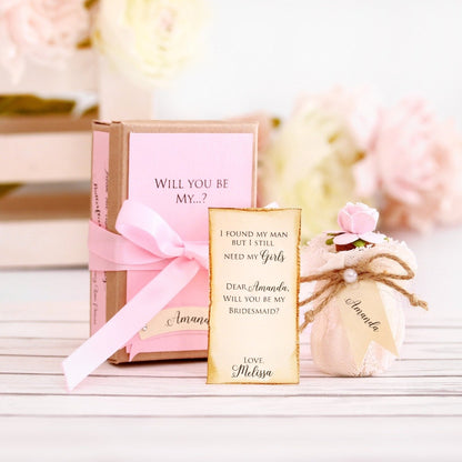 Lace Message in a bottle Bridesmaid Proposal with pink flowers - XOXOKristen