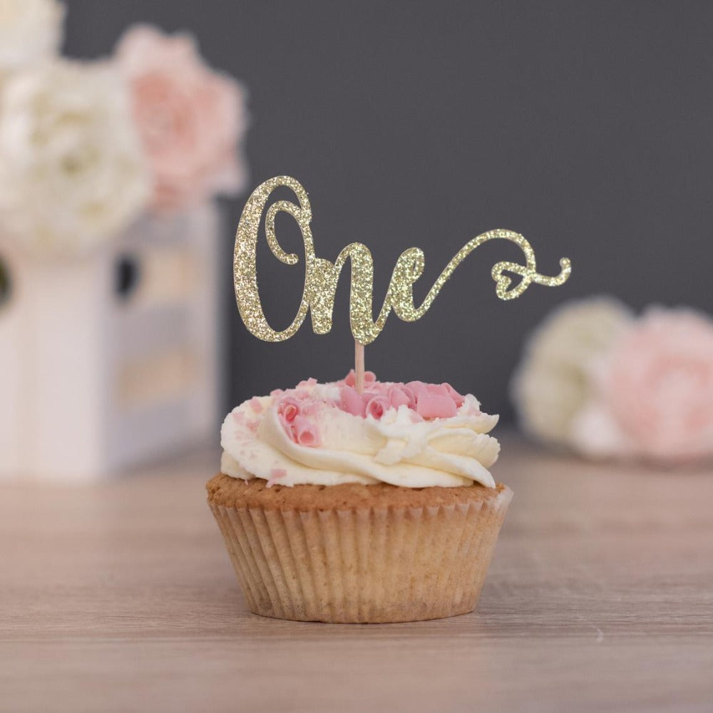 gold glitter first birthday cupcake topper with heart - xoxokristen