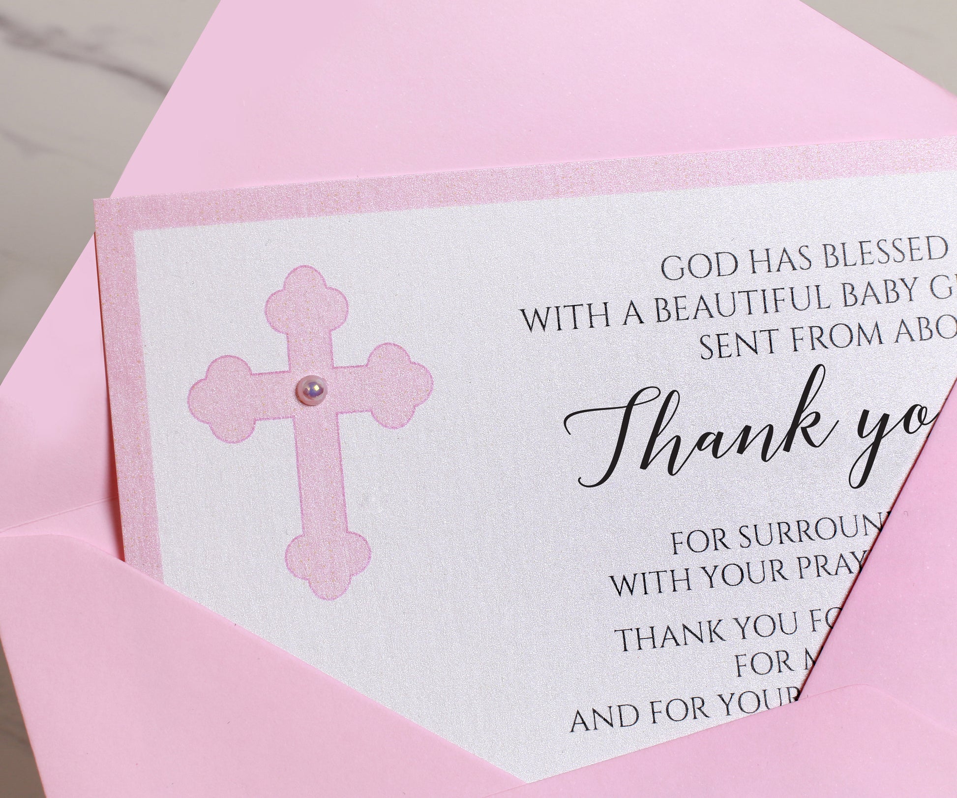 Pink Baptism Thank You Cards for Girls With Envelopes