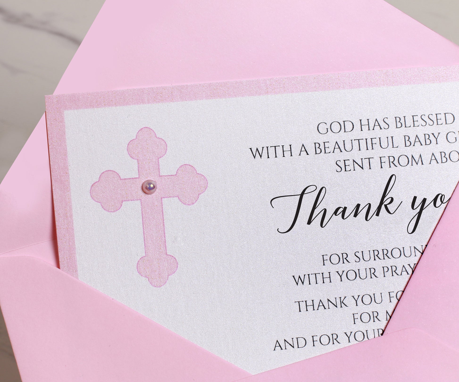 Pink Baptism Thank You Cards for Girls With Envelopes