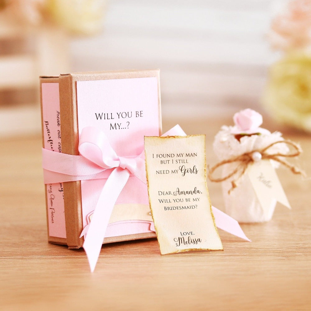 Lace Message in a bottle Bridesmaid Proposal with pink flowers - XOXOKristen