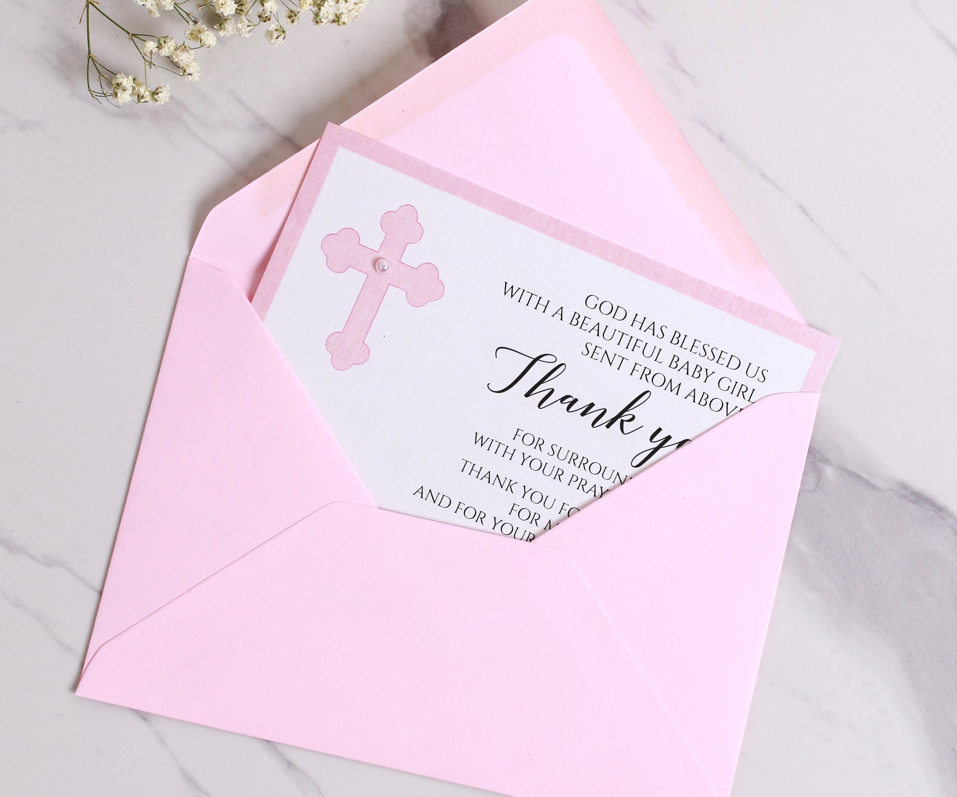 Pink Baptism Thank You Cards for Girls With Matching Envelopes