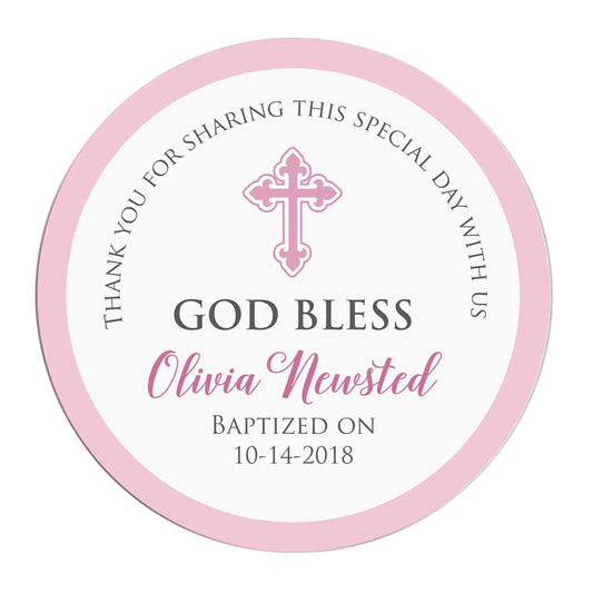 Pink God Bless Baptism Thank you Stickers - XOXOKristen