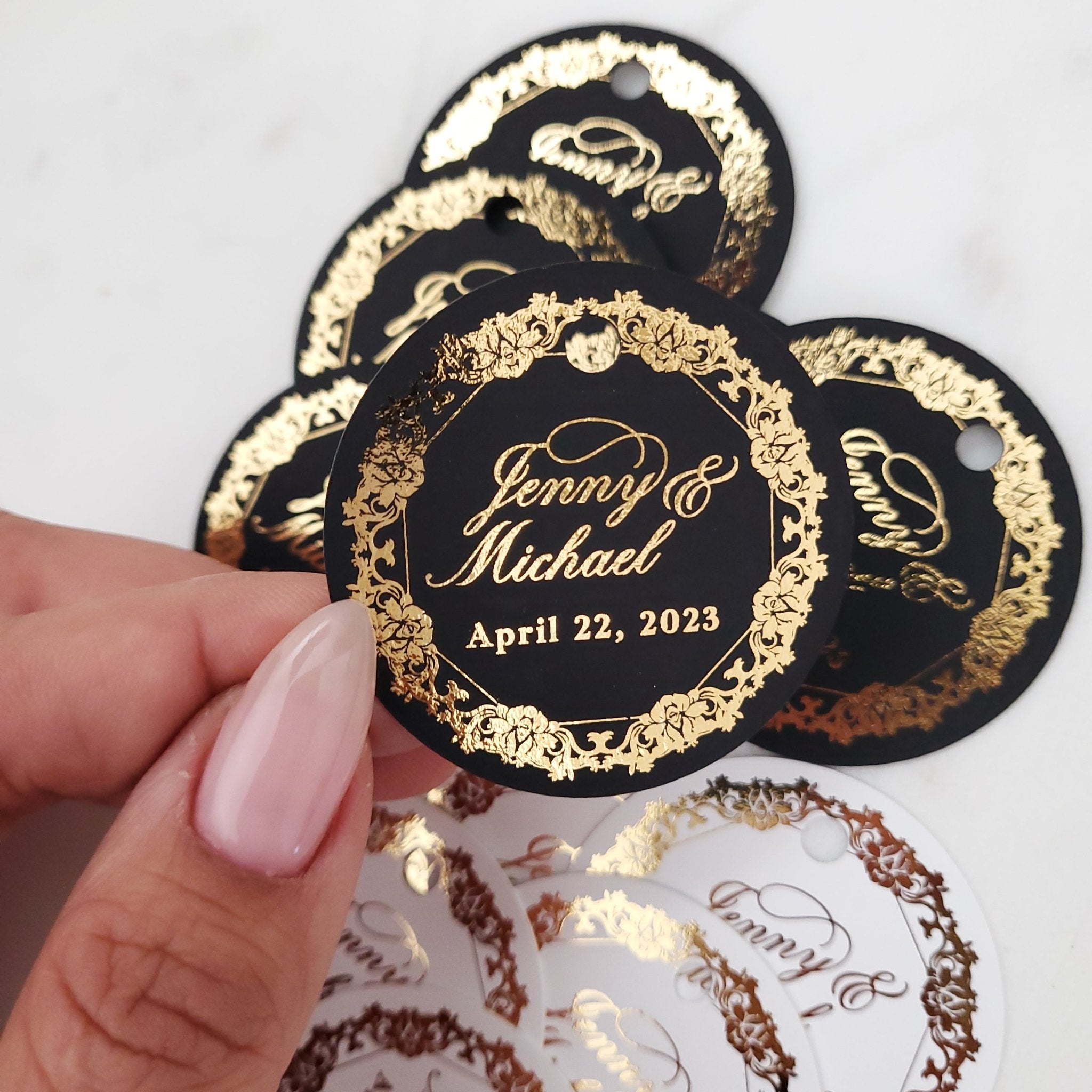 Round Foiled Custom Wedding Favor Tags in Black with Gold Frame - XOXOKristen