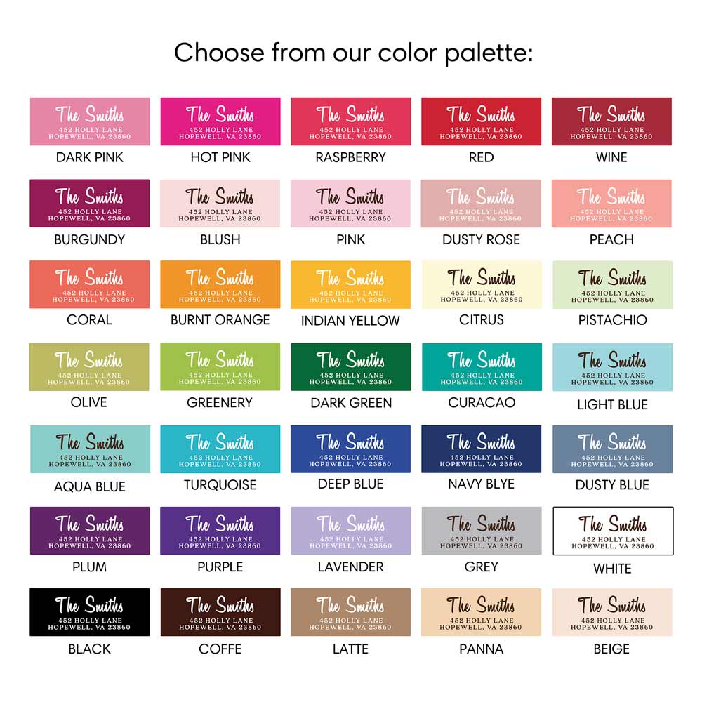 Dark Pink, Hot Pink, Raspberry, Red, Wine, Burgundy, Blush, Pink, Dusty Rose, Peach, Coral, Burnt Orange, Indian yellow, Citrus, Pistachio, Olive, Greenery, Dark Green, Curacao, Light Blue, Aqua Blue, Turquoise, Deep Blue, Navy Blue, Dusty Blue, Plum, Purple, Lavender, Grey, White, Black, Coffe, Latte, Panna, Beige