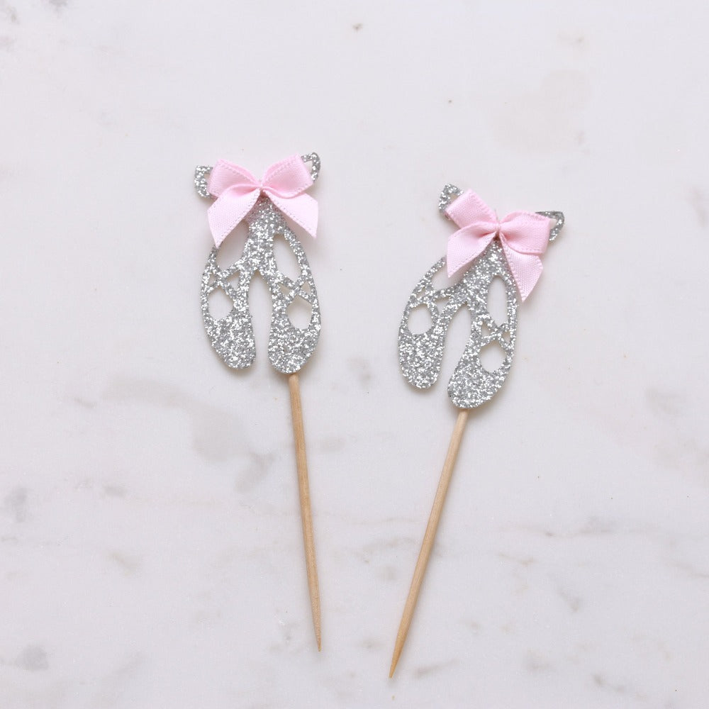 Silver glittered ballerina shoes cupcake topper with pink satin bow decoration - XOXOKristen