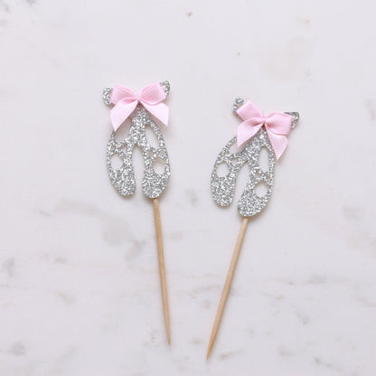 Silver glittered ballerina shoes cupcake topper with pink satin bow decoration - XOXOKristen