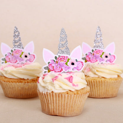 Silver glittered unicorn cupcake topper with pink flower wreath - XOXOKristen