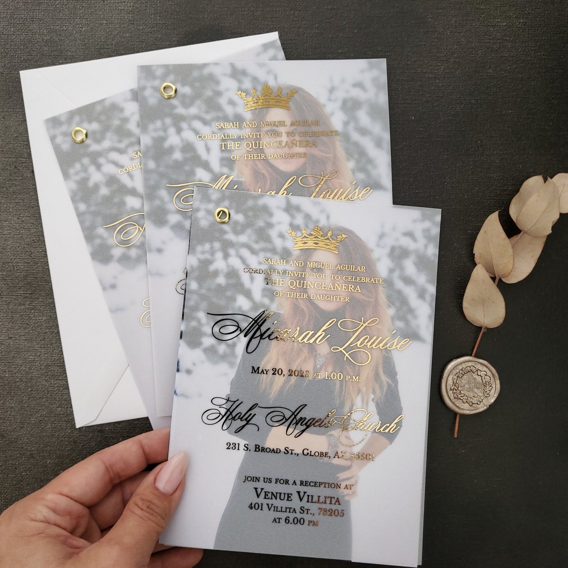 Vellum Quinceanera Invitations with Photo and Crown - XOXOKristen