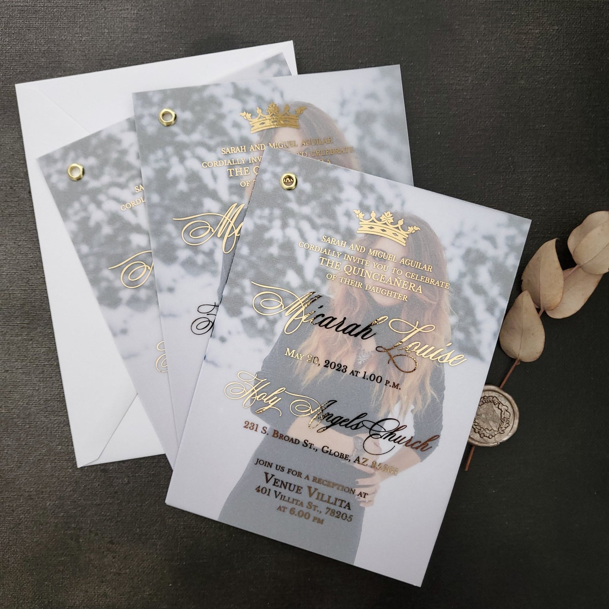 Vellum Quinceanera Invitations with Photo and Crown - XOXOKristen