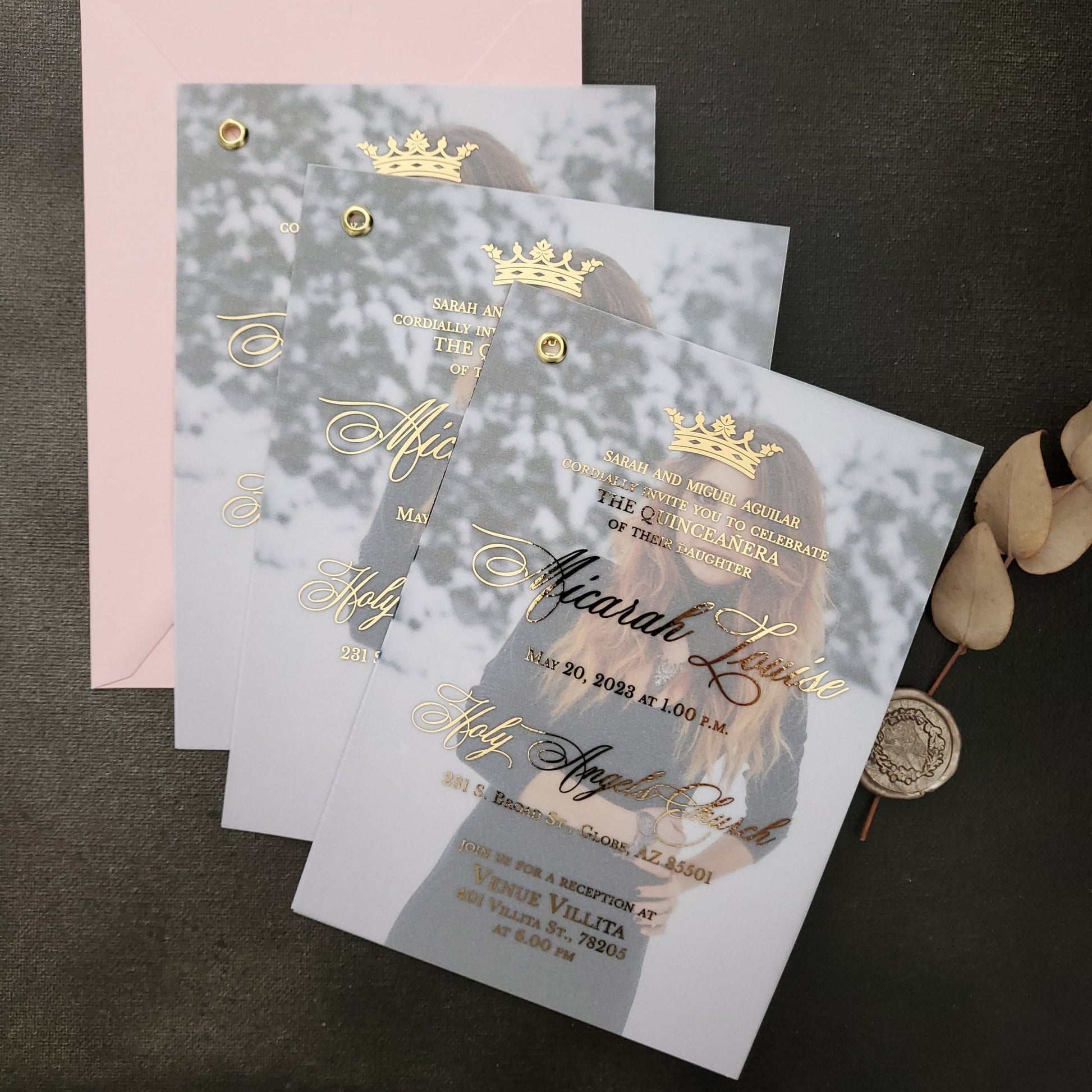 Vellum Quinceanera Invitations with Photo and Crown - XOXOKristen
