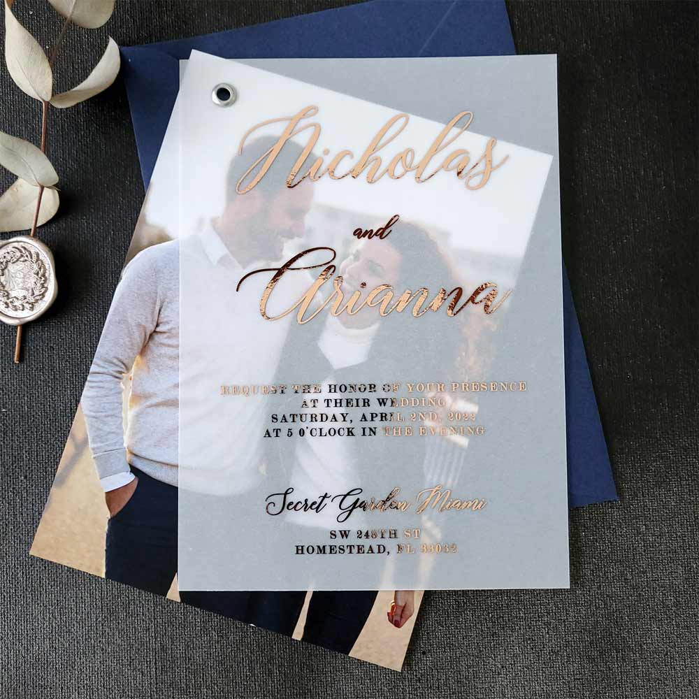Vellum Wedding Invitation with Picture and Foiled Lettering - XOXOKristen