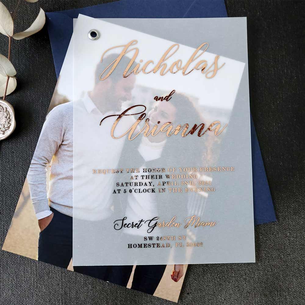 Vellum Wedding Invitation with Picture and Foiled Lettering - XOXOKristen