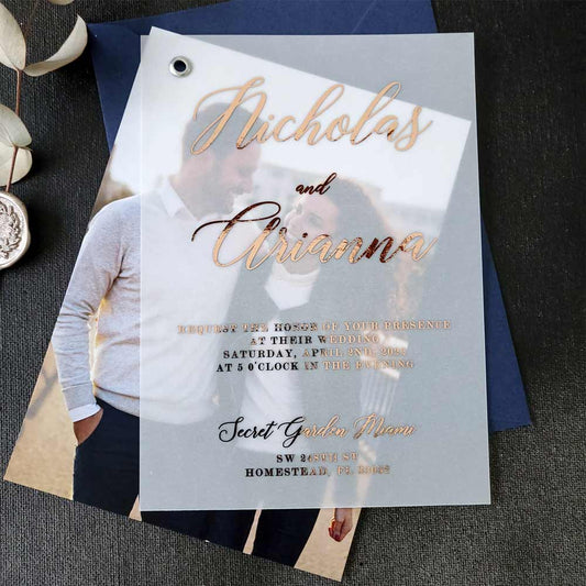 Vellum Wedding Invitation with Picture and Foiled Lettering - XOXOKristen