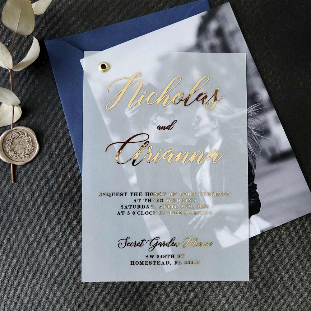 Vellum Wedding Invitation with Picture and Foiled Lettering - XOXOKristen