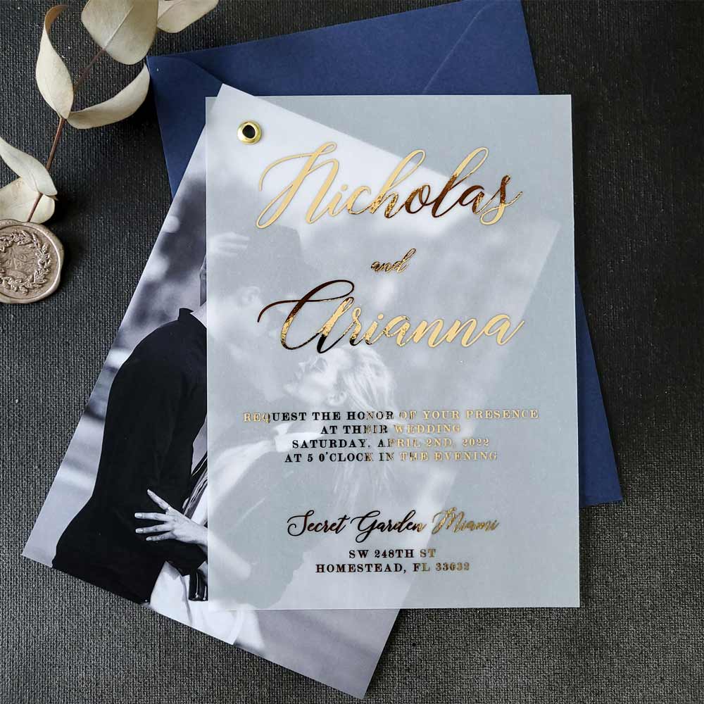 Vellum Wedding Invitation with Picture and Foiled Lettering - XOXOKristen