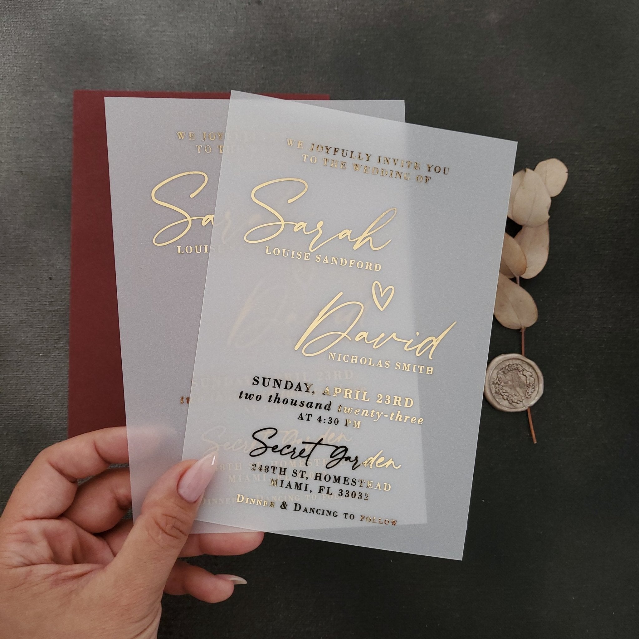 Vellum Wedding Invitations with Gold Foiled Text - XOXOKristen