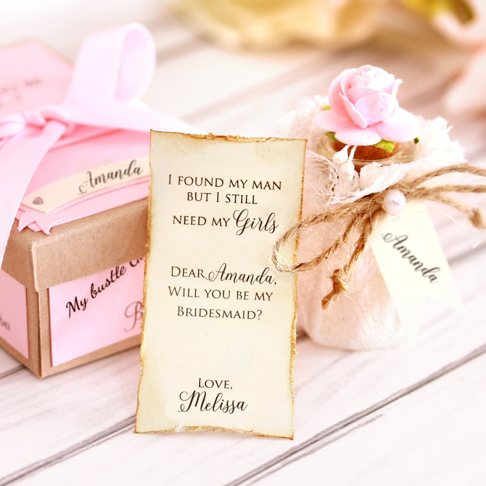 Lace Message in a bottle Bridesmaid Proposal with pink flowers - XOXOKristen