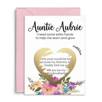 Pink flower bouquet Will you be my godmother scratch-off proposal card - XOXOKristen
